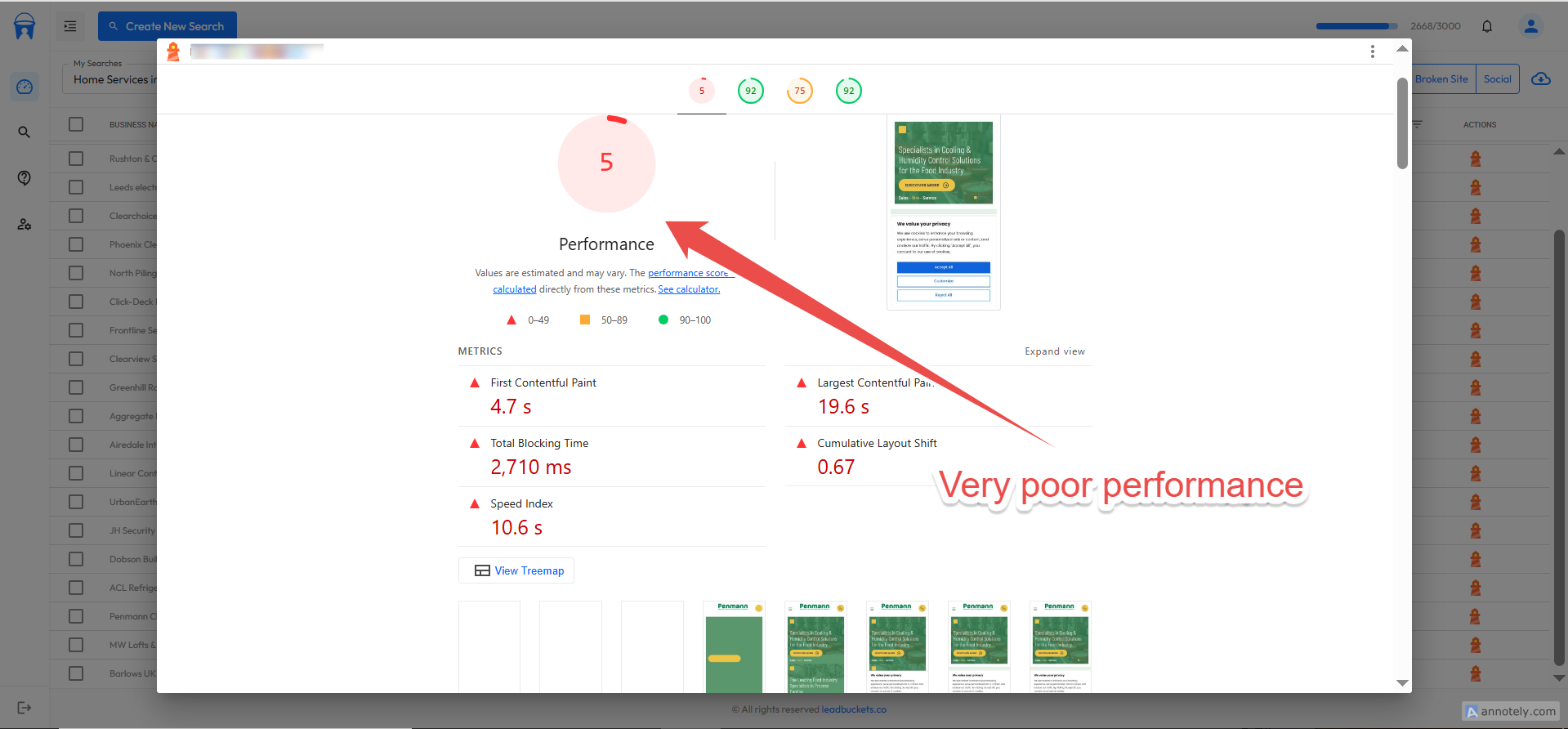 Screenshot showing very poor performing website