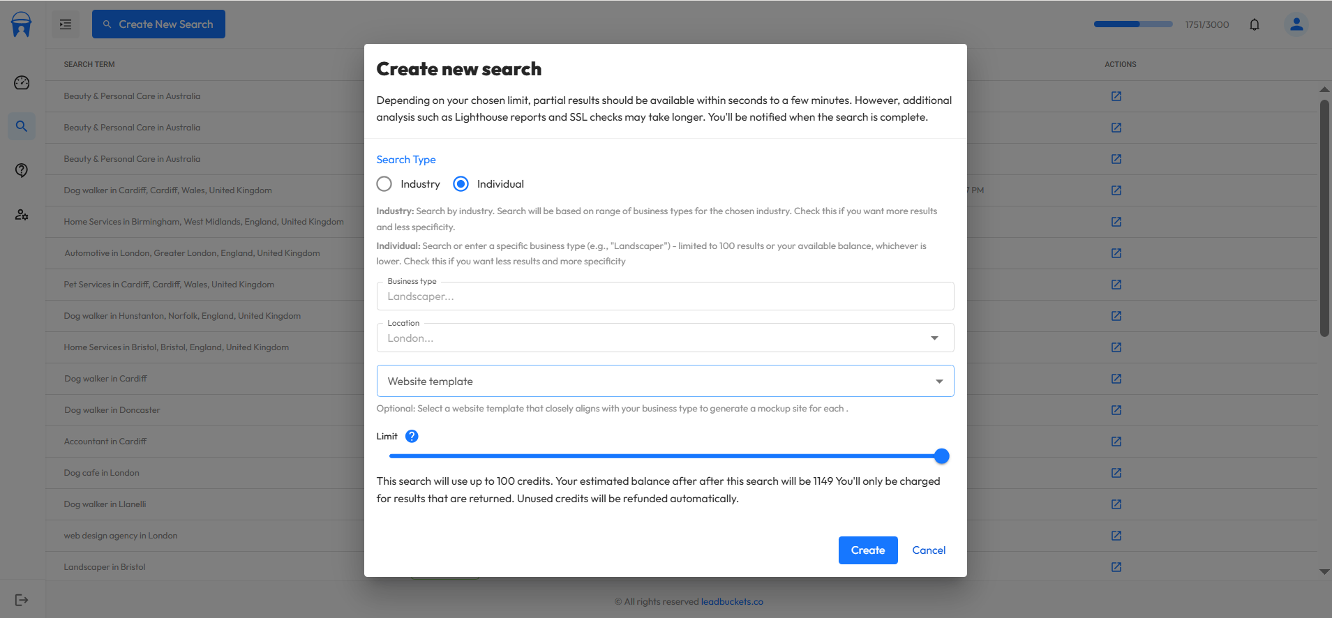 Screenshot of the create search dialog showing search options