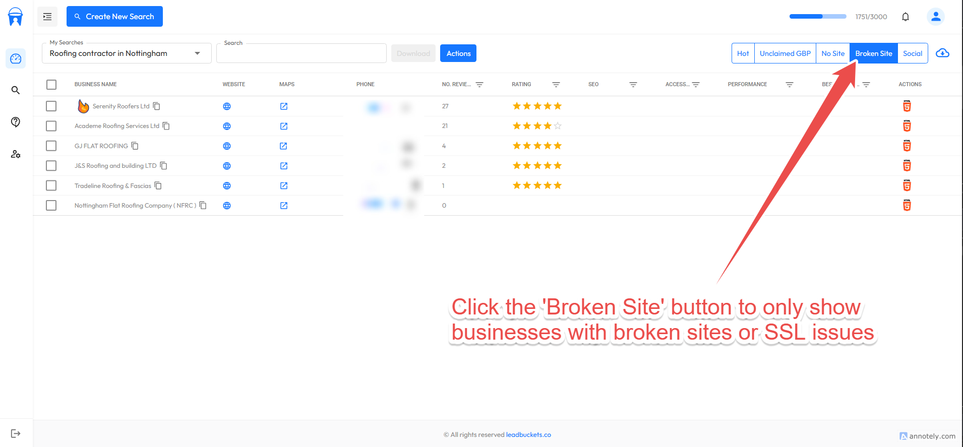 Screenshot showing how to filter by broken websites