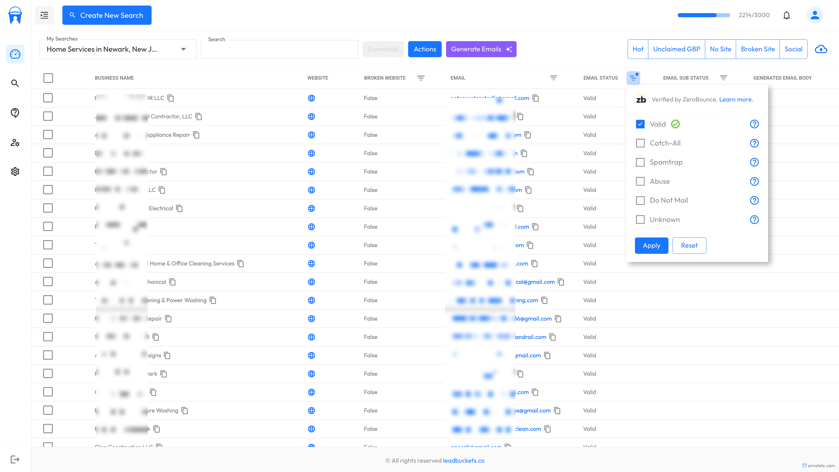Filter results for valid emails