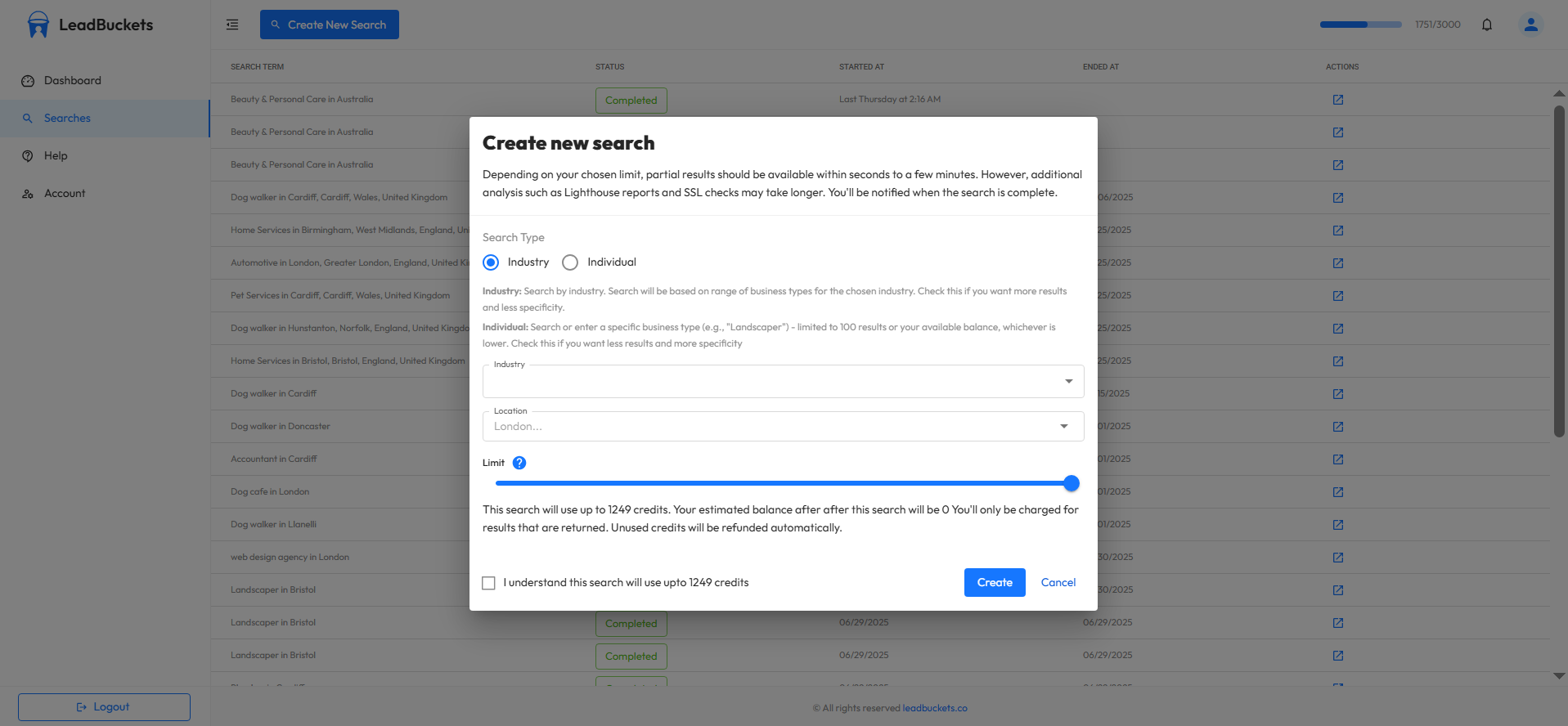 Screenshot of the create search dialog showing search options
