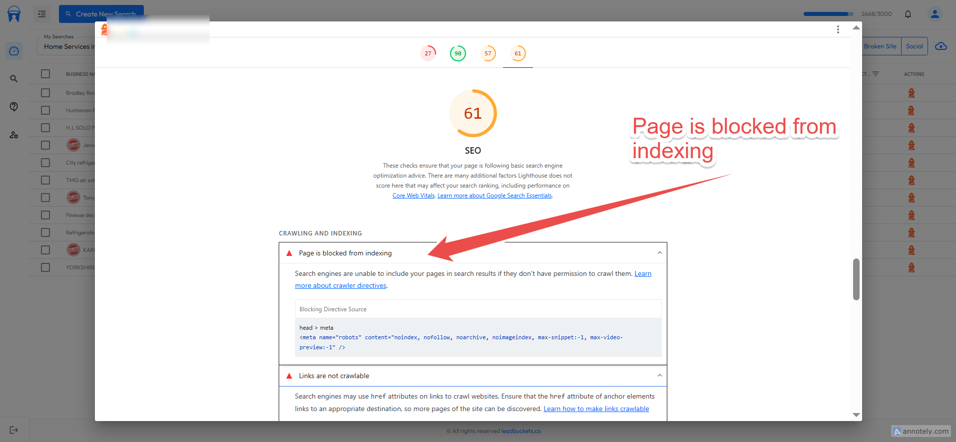 Showing a business with no index no follow