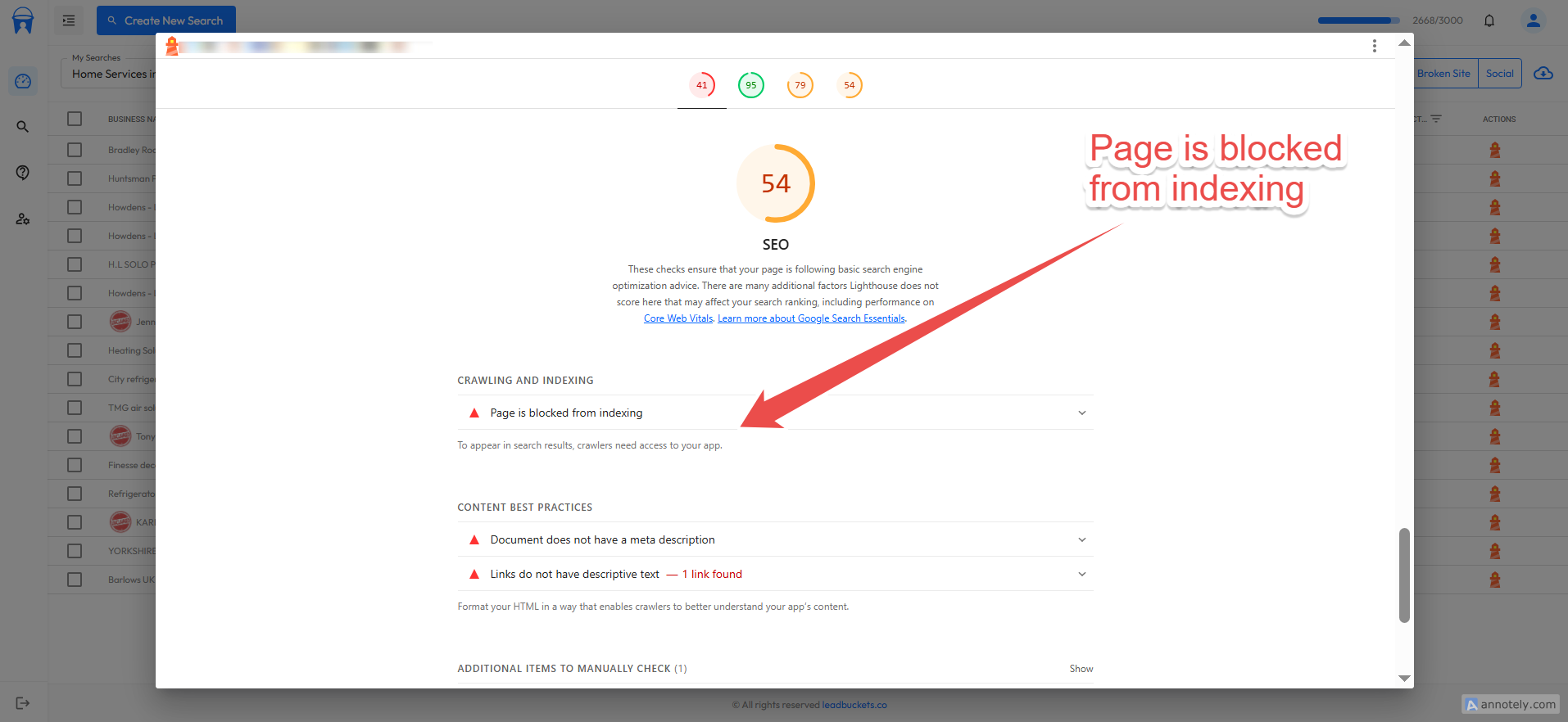 Screenshot of a website with a very low SEO score