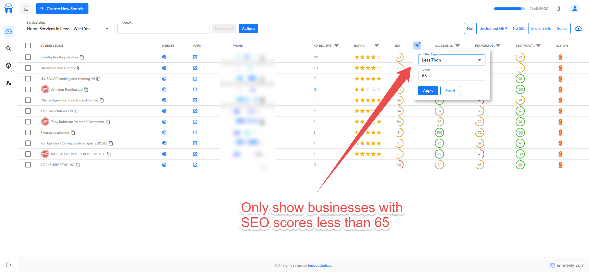 Screenshot of showing filtering SEO scores less than 65