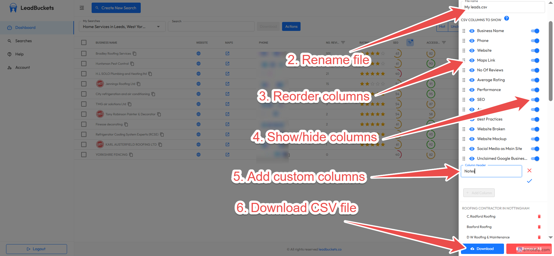 Screenshot showing how to manage columns