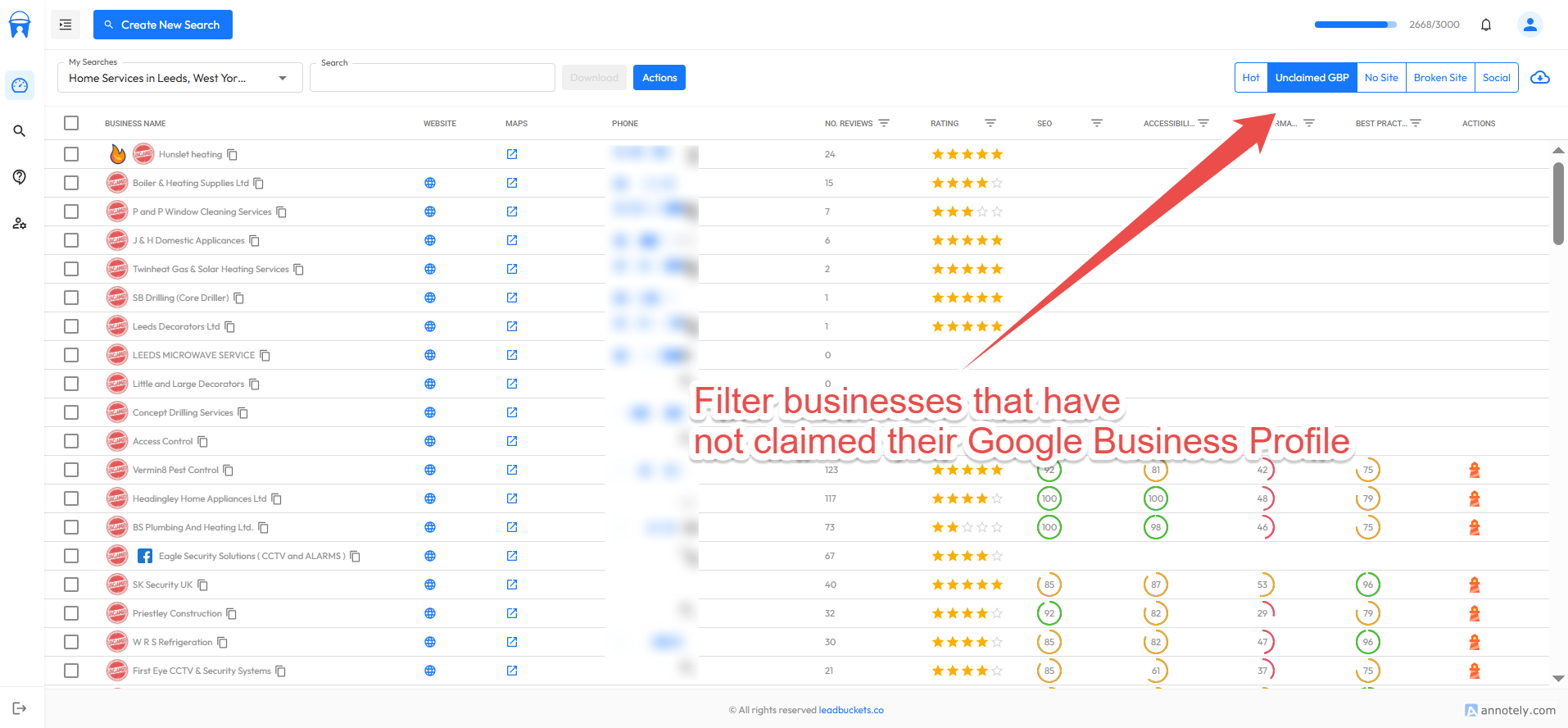 Screenshot showing unclaimed Google Business Profile filter